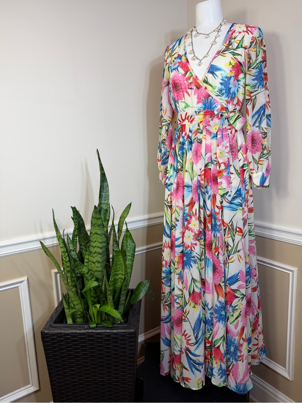 Haoduoyi Maxi Dress Long Sleeve Chiffon w/ Sash Tropical Floral V-Neck Size 8/10
